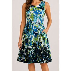 Nine West Blue Green Floral Fit Flare Dress Stretch Cotton Size 12